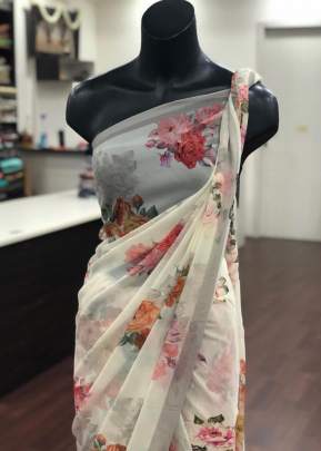 Classic Smooth Gorgette with Digital Print In Off White Daily Wear Saree
