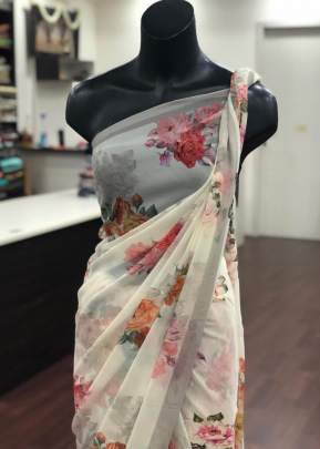 Classic Smooth Gorgette with Digital Print In Off White Georgette Sarees