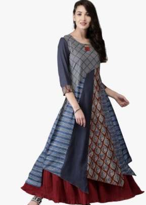 Designer Fancy Rayon Printed Kurtis In Navy Blue