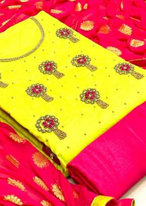 Designer Heavy Work Chanderi Cotton With Khatli Hand Work In Yellow salwar suits