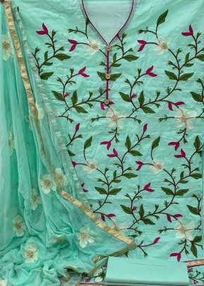 Designer Heavy Work Soft Cotton Dress Material In Sky Blue