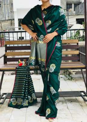 Designer Partywear Soft Lichi Silk Saree With Attractive Gold Zari In Bottle Green