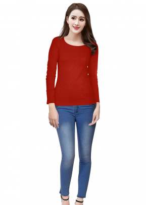 Designer Round Neck Full Sleeves Fancy Top In Red western wear