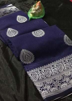 Exclusive Banarasi Silk Saree With Waving Silver Zari In Navy Blue Banarasi Silk Saree