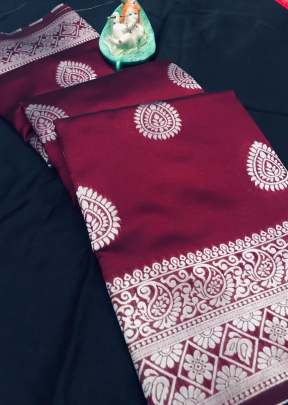 Exclusive Banarasi Silk Saree With Waving Silver Zari In Wine Banarasi Silk Saree