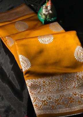 Exclusive Banarasi Silk Saree With Waving Silver Zari In Yellow Banarasi Silk Saree
