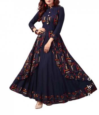 Exclusive Fancy Maslim Cotton Rayon Kurtis With Digital Print In Navy Blue Designer Kurtis