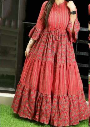 Exclusive New cotton Long Cotton Gown with Digital Print In Peach