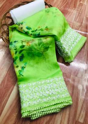 Georges Organza Silk Saree With Floral Digital Print In  Parrot Green organza saree