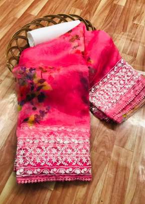 Georges Organza Silk Saree With Floral Digital Print In  Pink organza saree