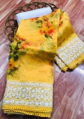 Georges Organza Silk Saree With Floral Digital Print In Yellow organza saree