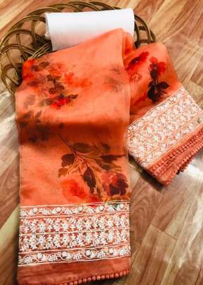 Georges Organza Silk Saree With Floral Digital Print In Orange organza saree