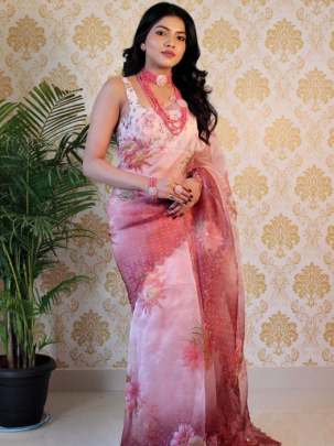 Hand Work Flower Prints With Organza Saree organza saree