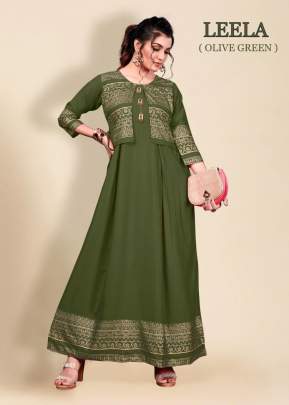 Leela Hit Long Gown Kurti With Fancy Button In Rich Olive Green Color  Anarkali Kurtis