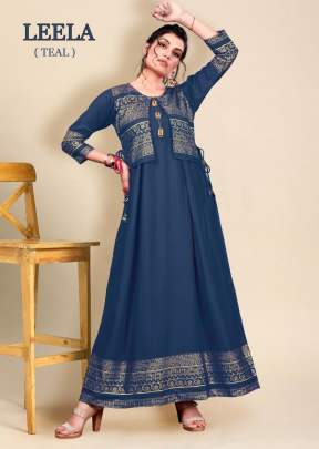 Leela Hit Long Gown Kurti With Fancy Button In Blue Color  Anarkali Kurtis