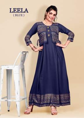 Leela Hit Long Gown Kurti With Fancy Button In Navy Blue Color  Anarkali Kurtis