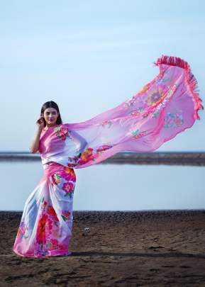 Pink With Big Red Flower TEBI Silk Soft Printed Hight Quality  Fancy Saree