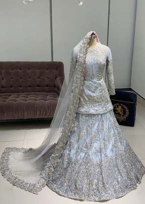 Sky Blue Color Butter Fly Net With Embroidery Work Lehenga  designer lehenga