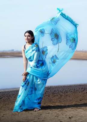 Sky Blue TEBI Silk Soft Printed Hight Quality  Printed Sarees