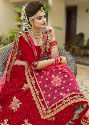 Tapeta Velvet With Embrodairy Masine Diamond Work Red Color Lehengha