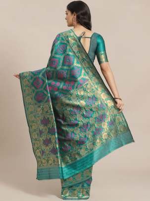 Teal & Golden Zari Woven Design Cotton Saree