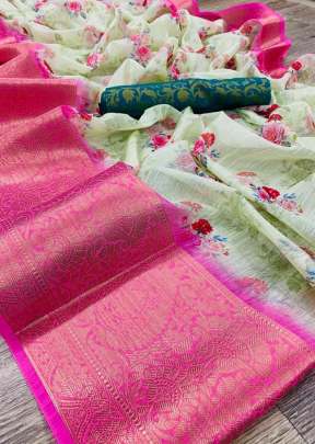 Trendy Pure Linen Saree With Beautiful Print In Pink kurtis