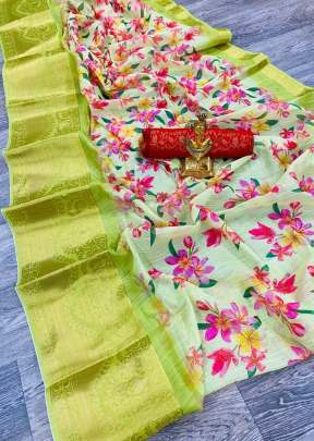 Trendy Pure Linen Saree With Beautiful Print In Lemon Yellow printed kurtis