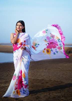 White With Yellow Flower TEBI Silk Soft Printed Hight Quality  Fancy Saree