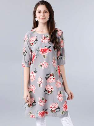 Women Grey & Red Floral Printed Straight Kurti kurtis