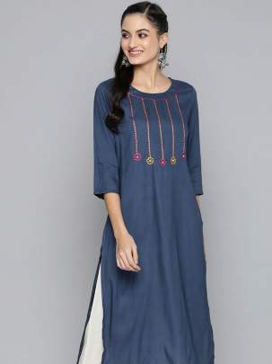 Women Navy Blue Embroidered Yoke Design Straight Kurti kurtis