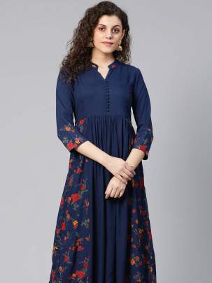 Women Navy Blue & Red Floral Print Detail A-Line Kurti kurtis