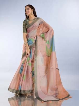 Abstract Printed Peach And Olive Erode Silk Saree With Designer Blouse