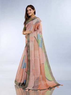 Abstract Printed Peach And Olive Erode Silk Saree With Designer Blouse