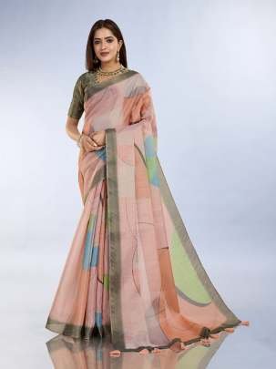 Abstract Printed Peach And Olive Erode Silk Saree With Designer Blouse