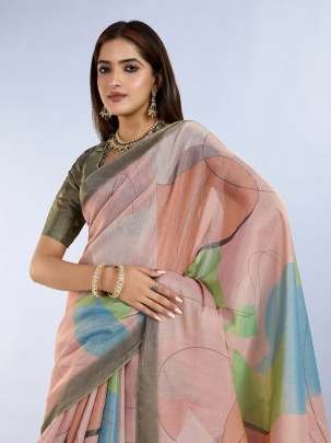 Abstract Printed Peach And Olive Erode Silk Saree With Designer Blouse