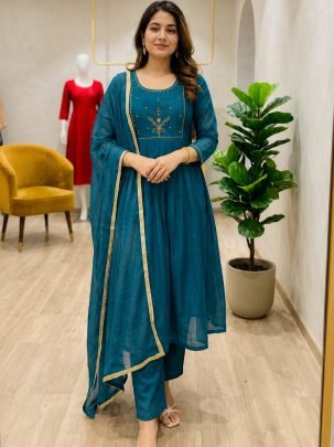 Anarkali  Style Teal Blue Colour Ready Made Suit