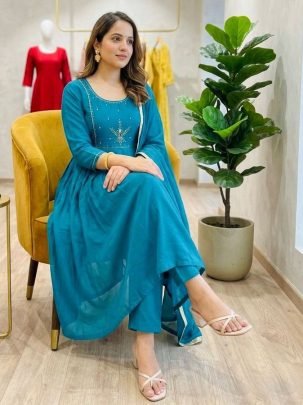 Anarkali  Style Teal Blue Colour Ready Made Suit