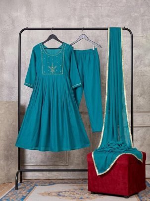 Anarkali  Style Teal Blue Colour Ready Made Suit
