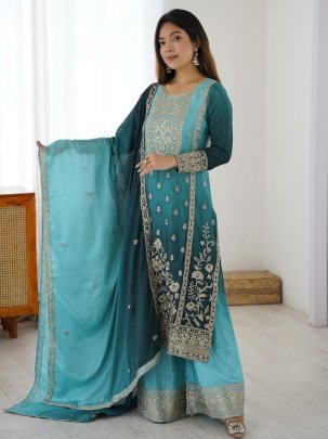 Aqua Color Sequence Work Palazzo Suit