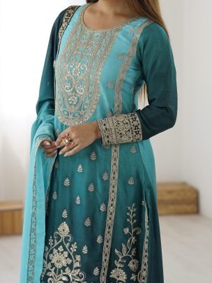 Aqua Color Sequence Work Palazzo Suit