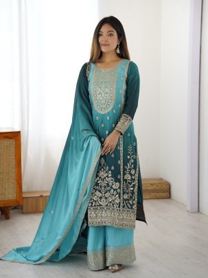 Aqua Color Sequence Work Palazzo Suit