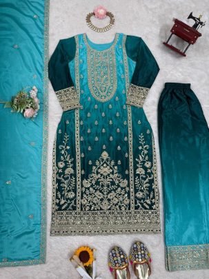 Aqua Color Sequence Work Palazzo Suit