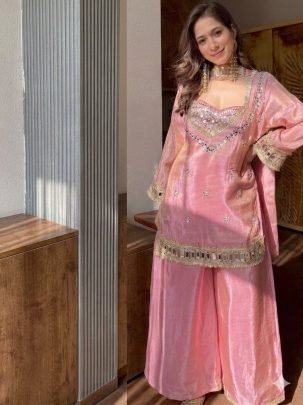 Baby Pink Colour  Fendy Silk  Fabric  Palazzo Suit