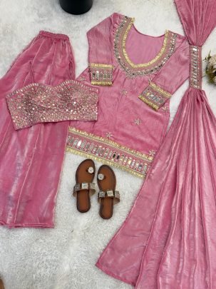 Baby Pink Colour  Fendy Silk  Fabric  Palazzo Suit