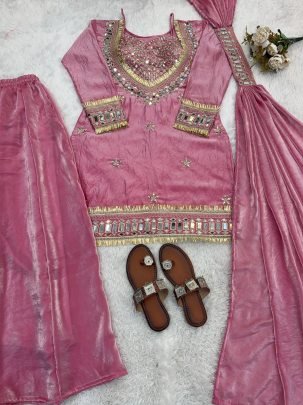 Baby Pink Colour  Fendy Silk  Fabric  Palazzo Suit