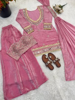 Baby Pink Colour  Fendy Silk  Fabric  Palazzo Suit