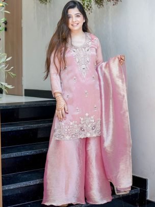Baby Pink Colour  Sequence Work Palazzo Suit