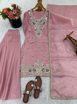 Baby Pink Colour  Sequence Work Palazzo Suit