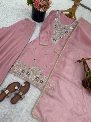 Baby Pink Colour  Sequence Work Palazzo Suit