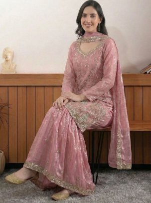 Baby Pink Sequence Embroidery Wok Sharara Suit